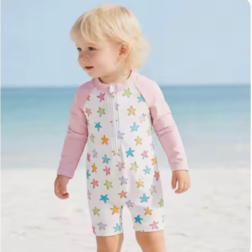 Pink Star Print Kids Long-Sleeve Zip Front Swimsuit